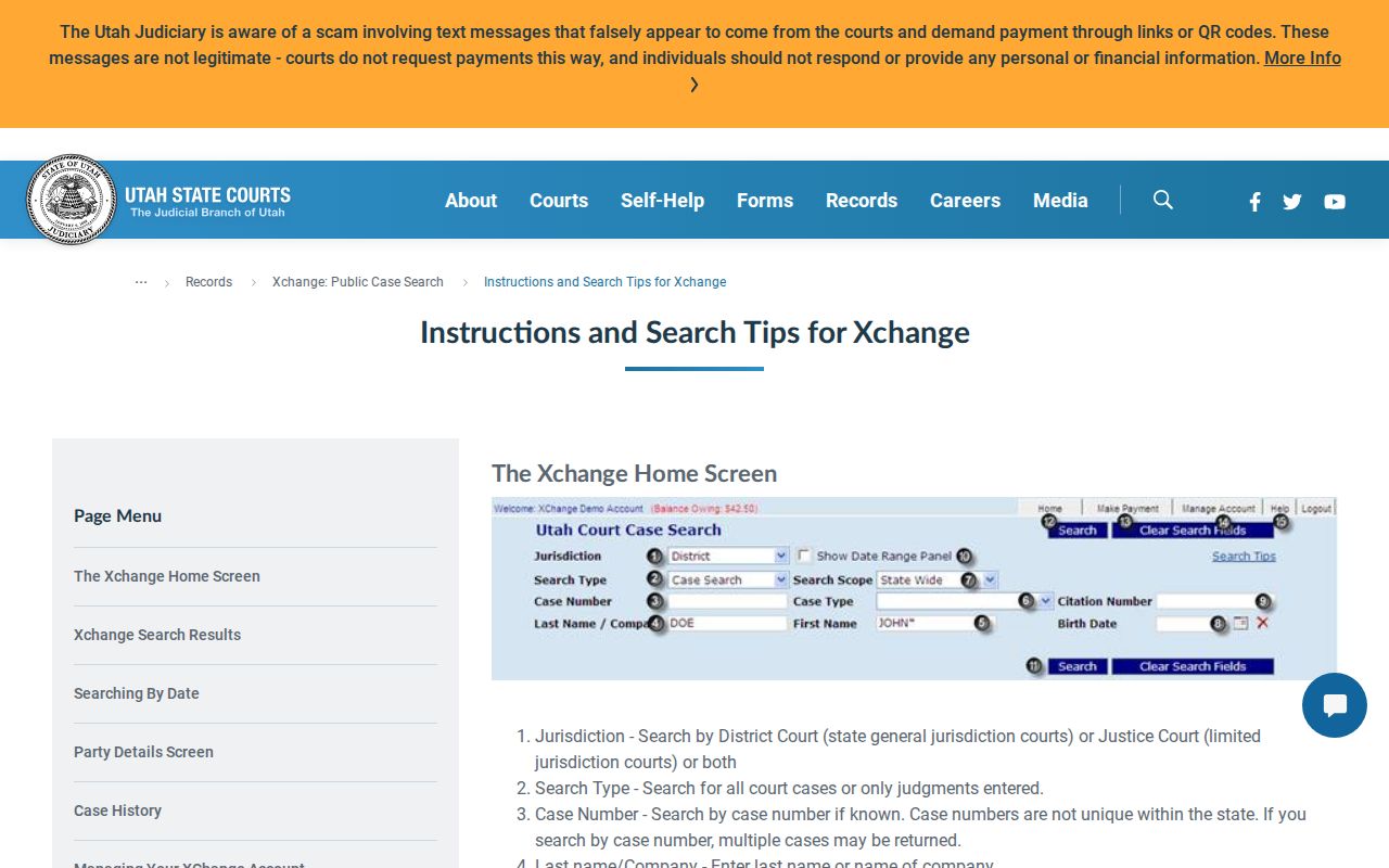 Utah Courts Xchange official public case search fields