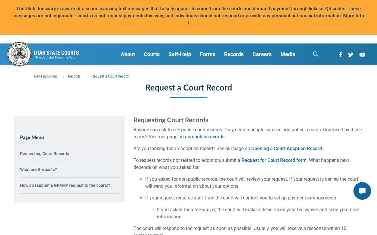 Utah Courts request a court record instructions and fees