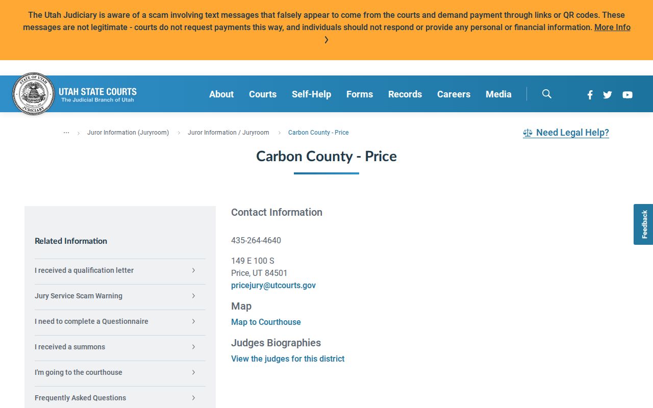 Utah Courts Carbon County Price courthouse contact directory